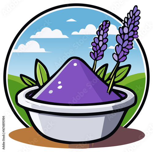 Lavender powder, herbs, and leaves in a bowl with nature background