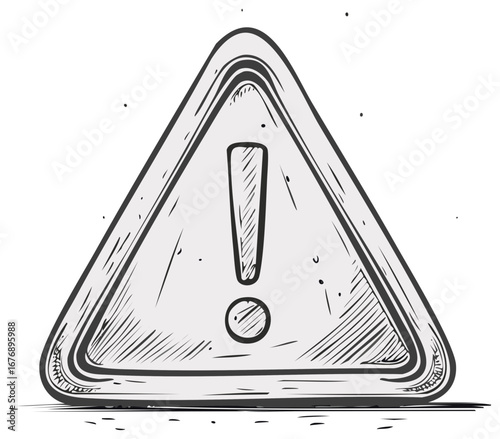 Hand Drawn Gray Scale Warning Sign. Exclamation Point in a Gray Shaded Triangle.