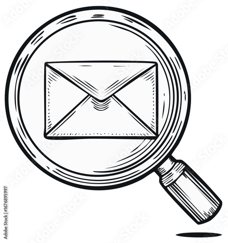 Magnifying glass with mail icon in vintage engraving style.