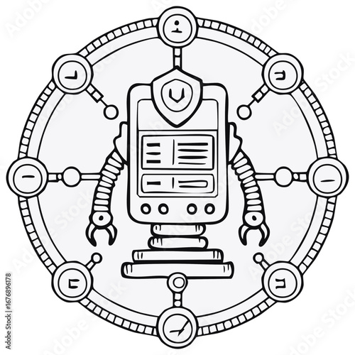Retro Sci Fi Robot in a Circular Tech Diagram Line Art Illustration