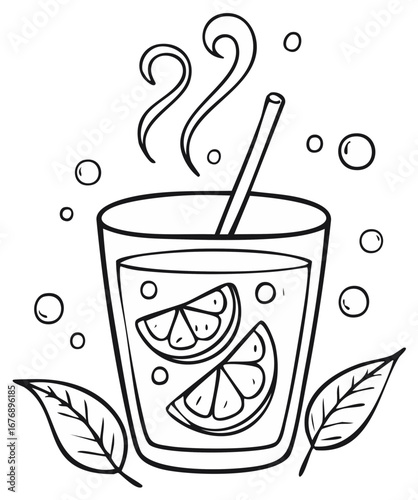 Refreshing citrus beverage line art illustration with steam bubbles and decorative leaves