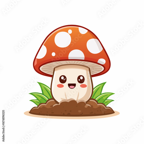 Cute cartoon mushroom character peeking out from fertile soil surrounded by lush green grass, playful illustration