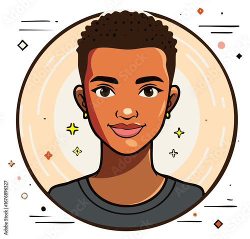 Modern cartoon illustration of a confident young Black woman with a short haircut smiling.