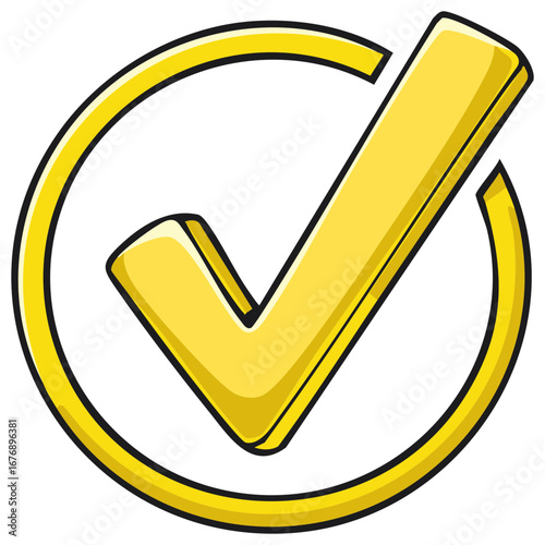 Golden Check Mark in Circle: Approval, Validation, and Confirmation Cartoon Graphic Symbol