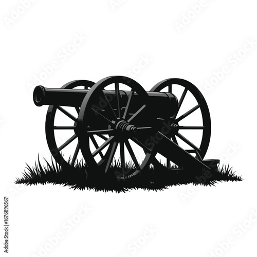 Black cannon on grassy field silhouette artillery weapon