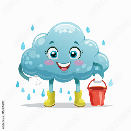 A cheerful and cute cartoon cloud character with a happy smiling face, wearing yellow rain boots and holding a red bucket during a downpour