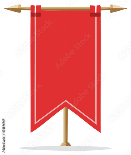 Red Pennon Flag on Pole Medieval Style with Spearhead Finials Emblems Banners Symbol
