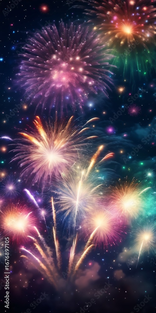 Naklejka premium Dazzling display of fireworks bursting in a variety of colors against the night sky, symbolizing celebration festivity
