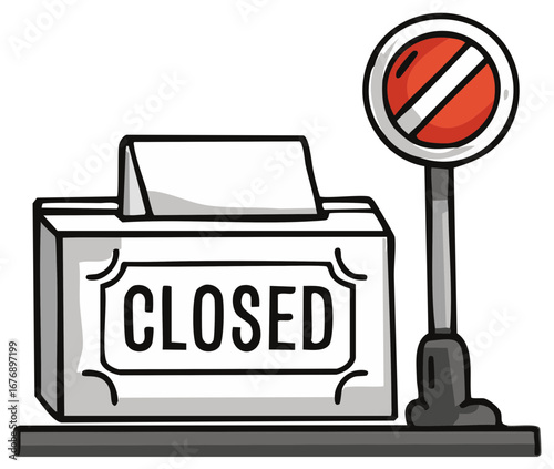 Closed sign box next to a no entry prohibition traffic symbol illustration
