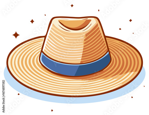 Stylized straw fedora hat with blue band for summer fashion and sunny day accessory illustration