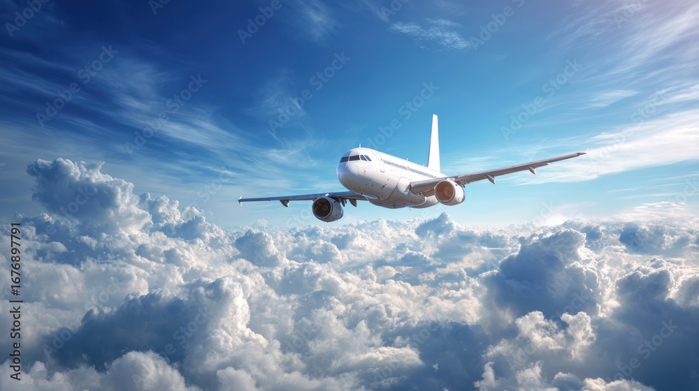 Obraz premium A white commercial airplane soars through a vibrant blue sky filled with fluffy white clouds. The aircraft?s wings are clearly visible as it flies level, bathed in sunlight. 