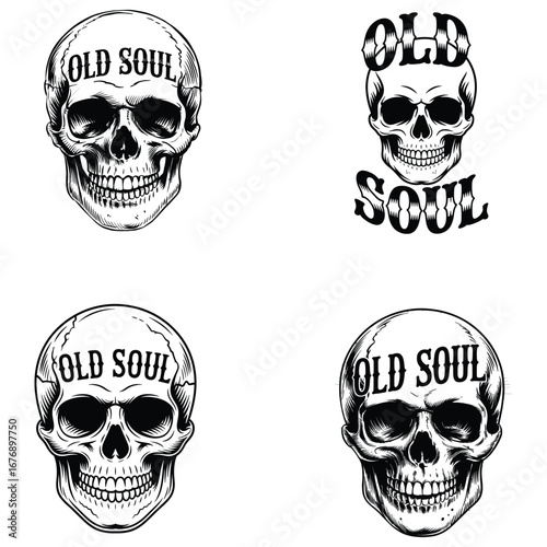 Human skull old soul graphic black and white illustration