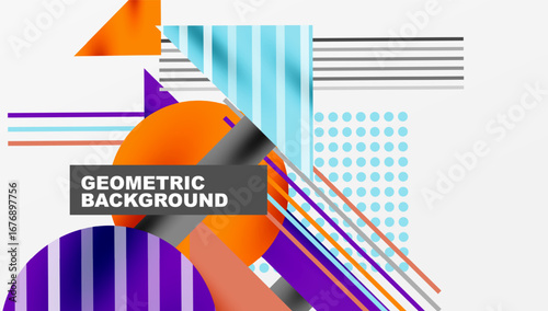 Abstract geometric design. Vibrant shapes overlap, creating dynamic visual texture. Modern composition utilizes color gradients, lines, dots.
