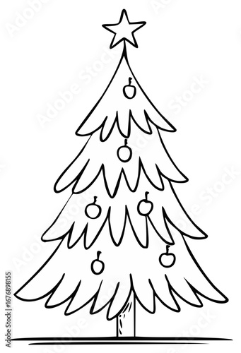 Christmas Tree Outline with Star and Ornaments Sketch Holiday Celebration