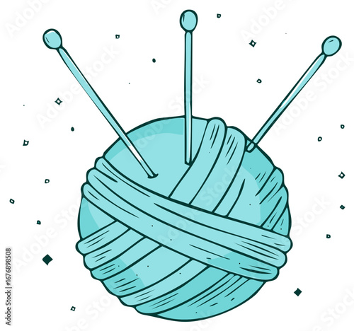 Hand-drawn illustration of a ball of yarn with three knitting needles.