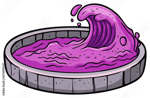 Vibrant purple wave splashing in a round stone basin, energetic liquid eruption