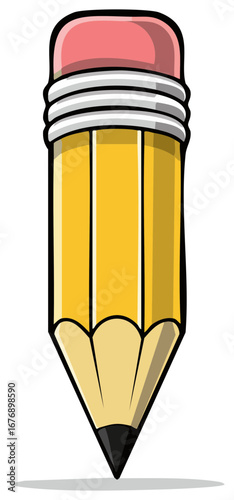 Cartoon pencil graphic with eraser tip, sharp graphite point, and iconic design.