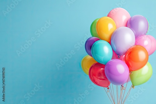 Colorful balloons clustered together against a light blue background (1)