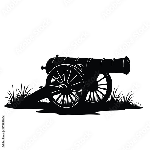 Black silhouette of a historical cannon on grass artillery 4