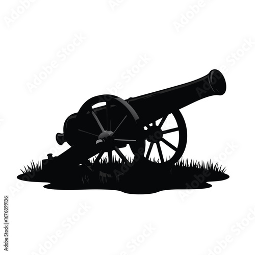 Black silhouette of a historical cannon on grass artillery 6