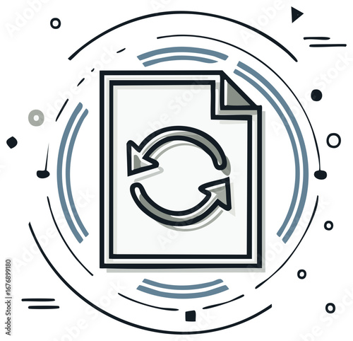 Document with refresh arrows icon concept art with abstract circle and lines