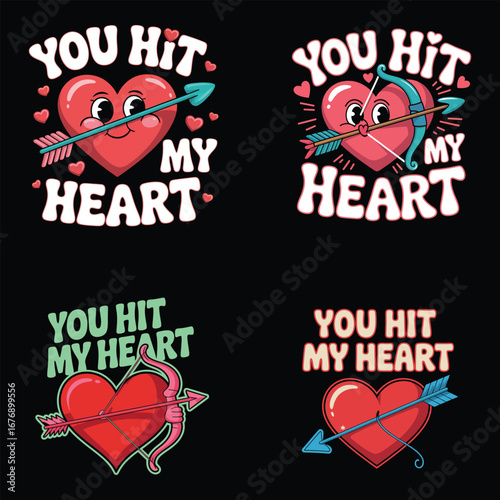 Cartoon hearts with cupid arrows valentine love