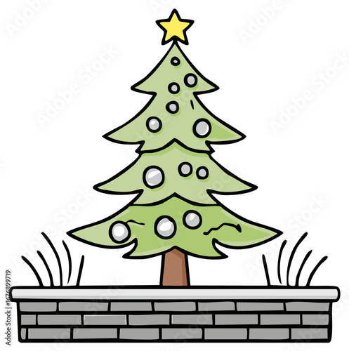 Cartoon Christmas Tree Illustration with Star and Ornaments on a Brick Wall