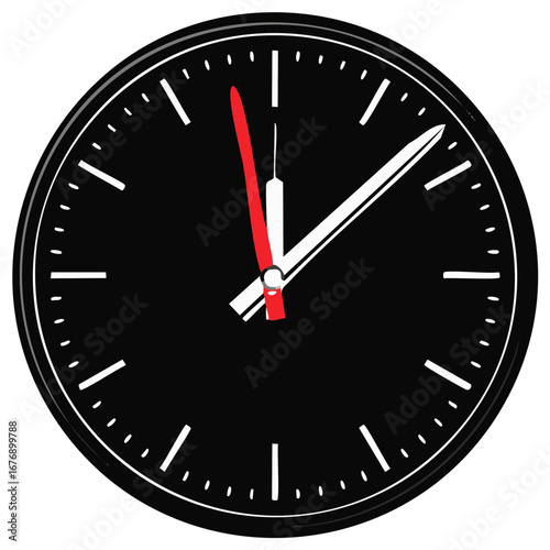 Sleek Black Analog Clock with White Hour Minute Hands and Red Second Hand Highlighting Urgency