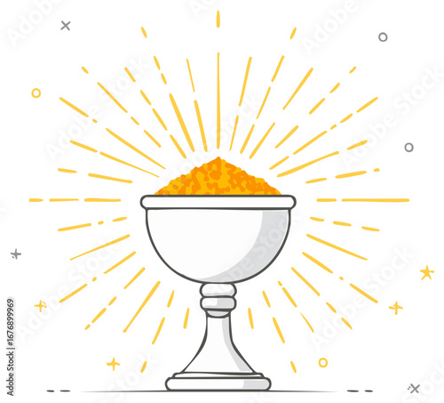 Holy Grail Filled with Gold with Emanating Beams in Doodle Art Style on White Background