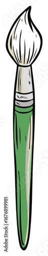 Illustration of a green handled paint brush with soft white bristles for painting and coloring art projects