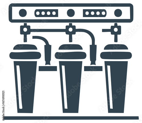 Illustration of water filter system machine with three chambers and piping elements.