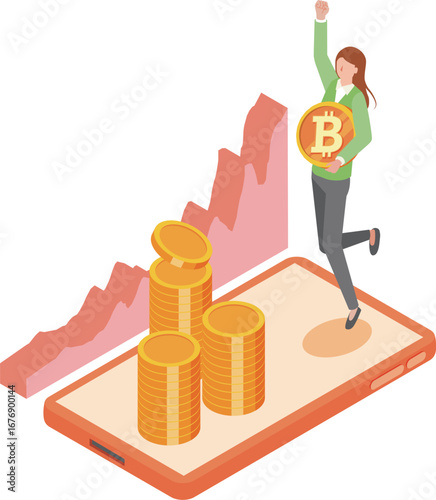 ビットコインと喜ぶ女性