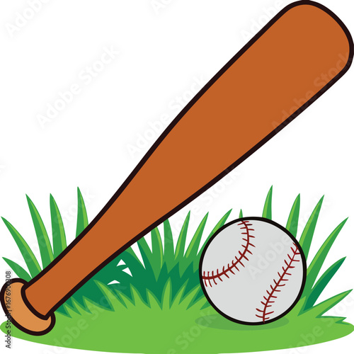 Wooden baseball bat and ball on green grass isolated for sports design