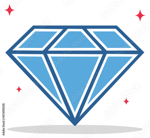 Sparkling blue diamond with shimmer and shine flat icon design