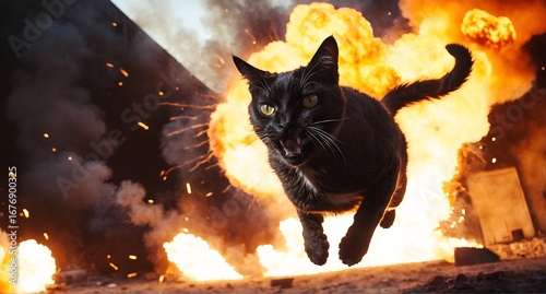 Animal cat running escaping from fire