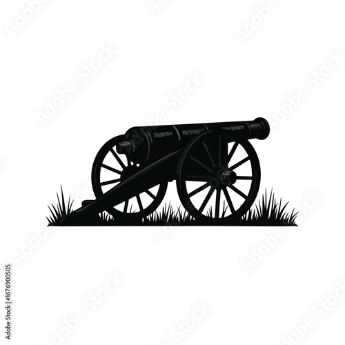 Black silhouette of an antique cannon on grass artillery 4