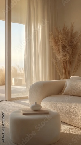 Serene Interior with Pampas Grass, Textured Sofa, and Soft Light
