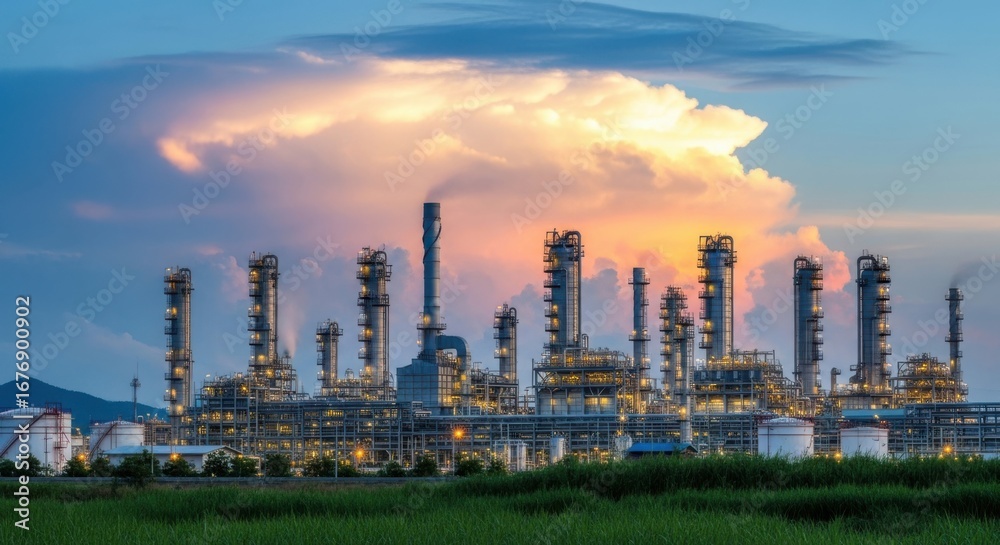 Obraz premium Industrial refinery complex at sunset with dramatic clouds and illuminated structures
