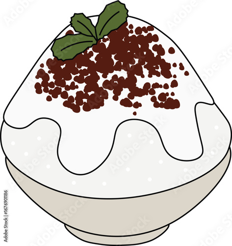 Vector illustration of tiramisu bingsu, a popular Korean shaved ice dessert served in a bowl, topped with creamy white sauce, cocoa powder, and fresh mint leaves.