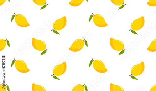 Vector seamless pattern with mango fruits. Summer tropical fruits on a white background.