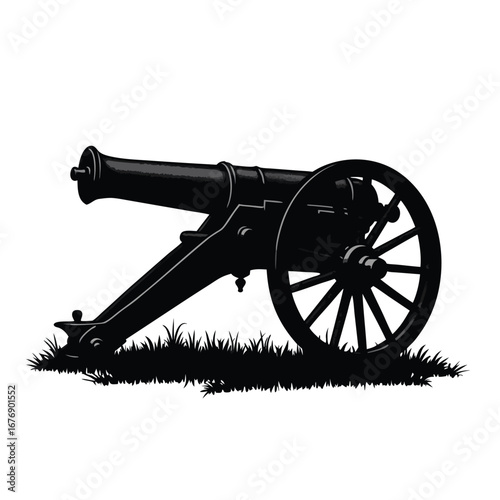 Black silhouette of an antique cannon on grass artillery 12