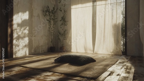 Serene interior with sunlight streaming through sheer curtains onto woven mat and cushions
