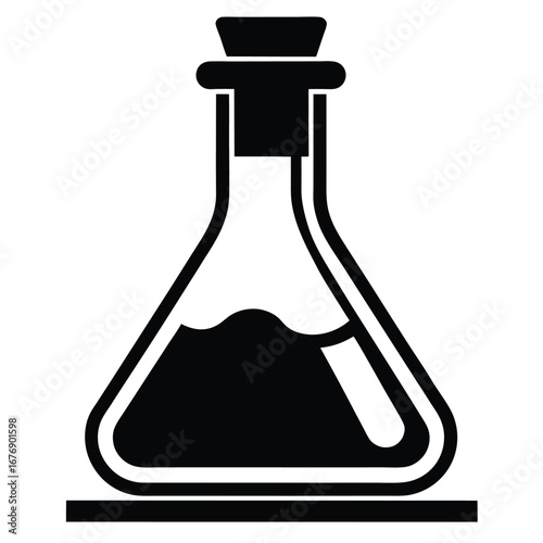 Black and white illustration Erlenmeyer flask containing a fluid and a stopper