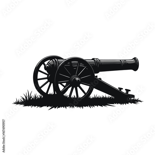 Black silhouette of an antique cannon on grass artillery 16