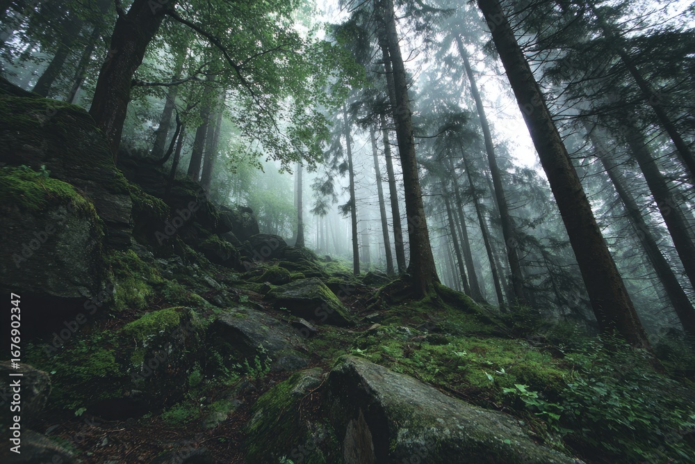 Obraz premium Misty forest path climbs a moss-covered hillside