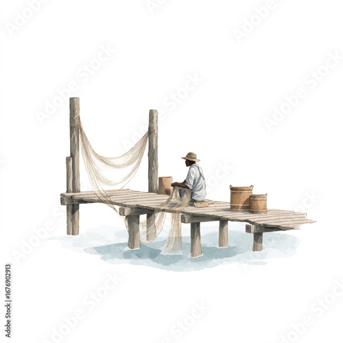 Fisherman mending nets on weathered wooden pier with buckets and calm water