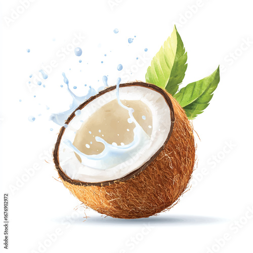 Freshly Sliced Coconut with Splashing Milk and Tropical Leaves