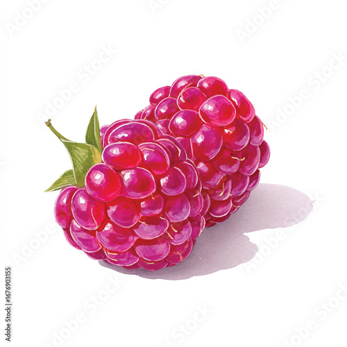 Two vibrant raspberries with detailed texture and attached green leaves