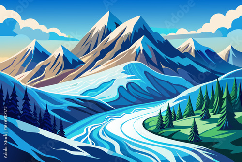 vector of The snow that hugs the peaks slowly slides to the slopes and makes life flow.