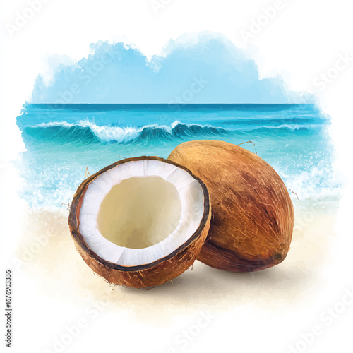 Watercolor Coconuts One Halved Revealing Creamy Flesh Beside a Whole Coconut